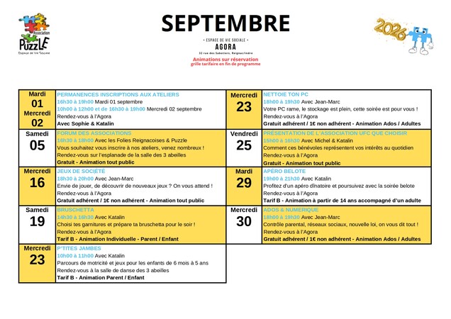 Programme d’activités septembre 2026 à l’Agora