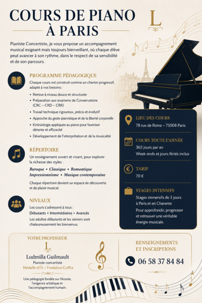 Guilmault Ludmilla  - Cours de Piano à Paris – L’Art du Son Absolu