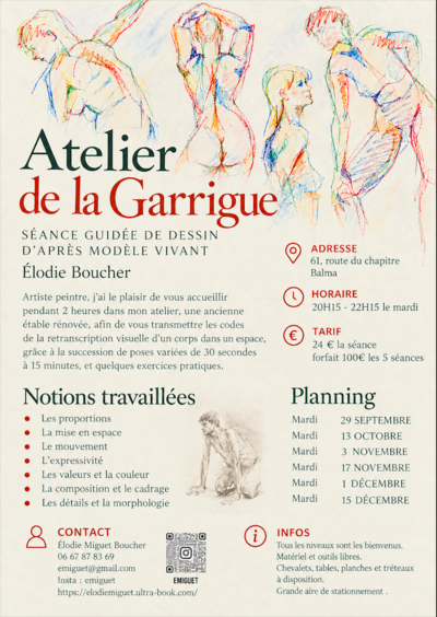 Atelier de la Garrigue - Cours guidés de dessins d'après modèles vivants