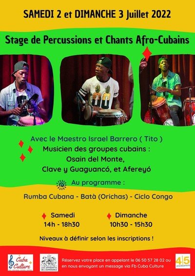 Stage de percussions et chants afro-cubains : 2 et 3 juillet