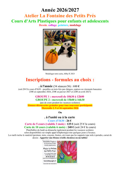 Atelier la Fontaine des Petits Prés - Cours d'Arts Plastiques enfants et adolescents