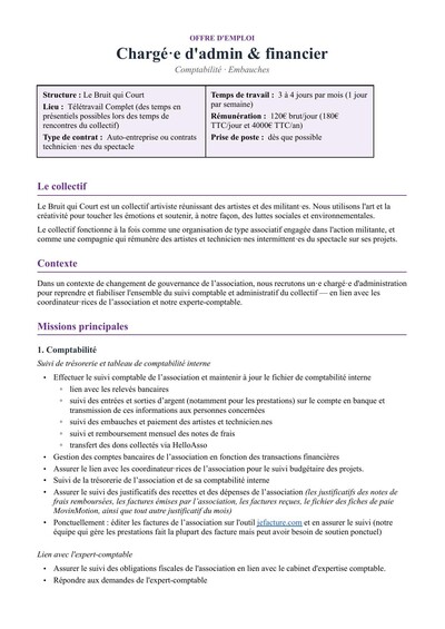 Le Bruit qui court recrute un-e chargé-e d'admin et finance