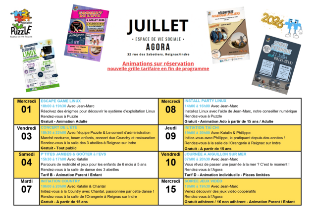 Programme d’activités juillet 2026 à l’Agora