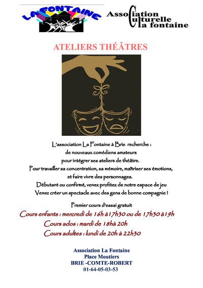 Association La Fontaine - Cours de théâtre lundi adultes mardi ados mercredi enfants