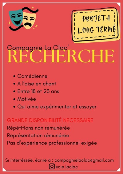 PROJET EN CONSTRUCTION CHERCHE COMEDIENNE BENEVOLE