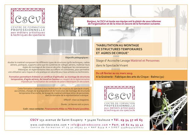CSCV - Formations professionnelles du spectacle : "Habilitation au montage de structures temporaires et aux agrès de cirque" (AFDAS)