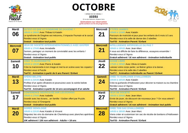 Programme d’activités octobre 2026 à l’Agora