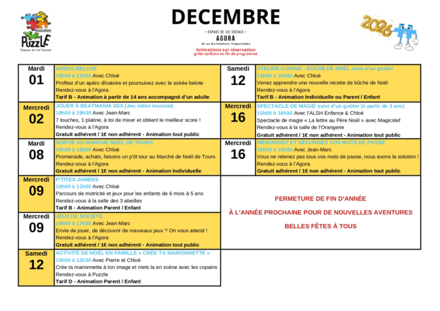 Programme d’activités décembre 2026 à l’Agora