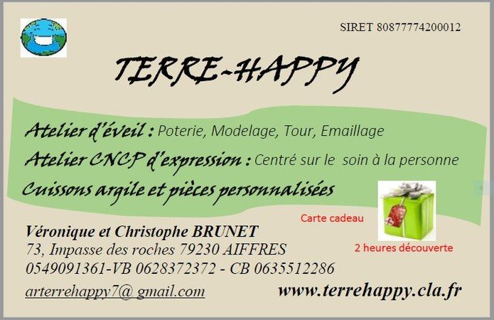 TERRE-HAPPY - CARTE CADEAU ( Ateliers poterie ou  d'expression créatrice )
