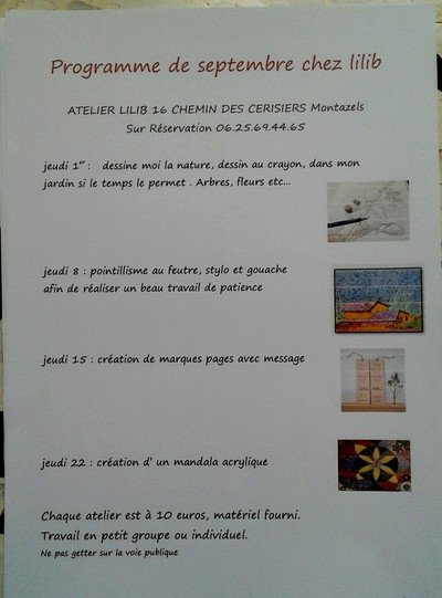 Atelier Lilib  - Programme des ateliers artistiques de septembre 