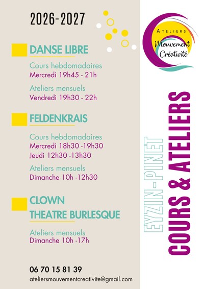 Ateliers mouvement créativité - cours et ateliers :Feldenkrais, danse libre, clown théatre.